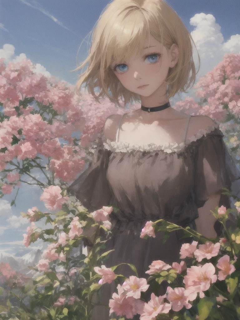 (realistic,painting_style,)mature, 1girl, solo, ,Full body shot, poster, amelia watson, virtual youtuber,blonde hair, blue eyes, choker, flower, short hair, realistic eyes, head tilt, sad, looking_at_viewer, sky, mountain, outdoors, cloud, bangs, upper body, pink flower, collarbone, sexy crop top,soft lips,black choker, mountainous horizon, cloudy sky, standing, holding_flowers
