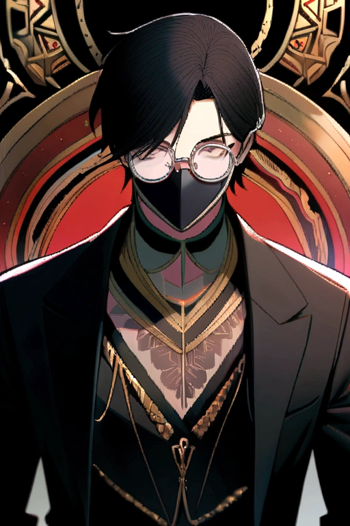 Boy,round glasses,long black hair,black face mask,black jacket,white undershirt.