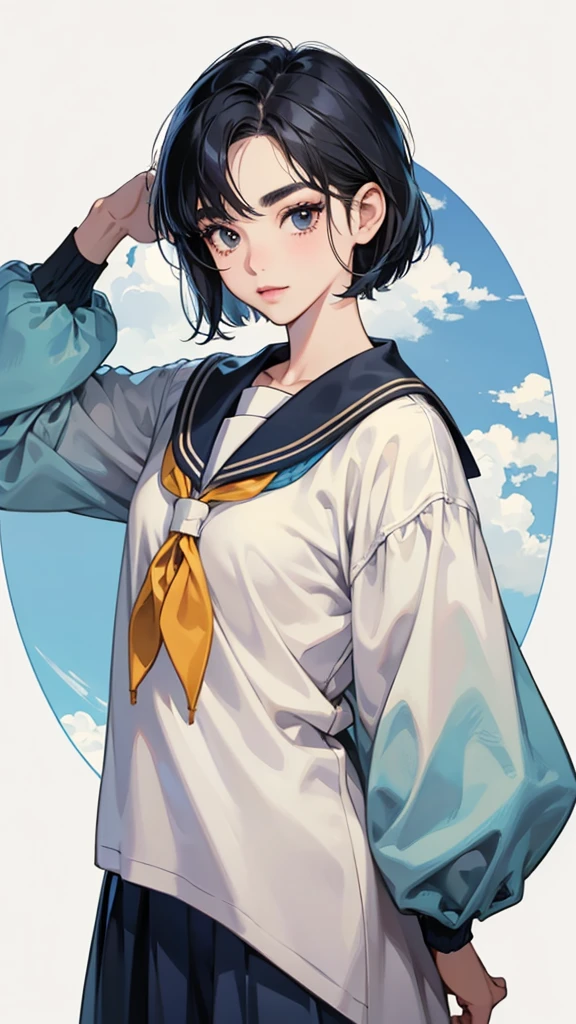 Highest quality　detailed　Ghibli - Short bob hairstyle - Short bangs on the forehead that reveal the eyebrows - Asian features with wide, lively eyes - Natural makeup - Sailor uniform - Simple white background
