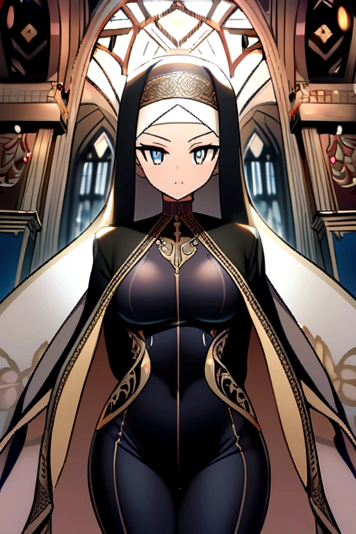 (a beautiful 21-year-old woman wearing a hijab, tight clothing, large chest, confident expression, bright eyes , standing infront of camera , complete body is seen)