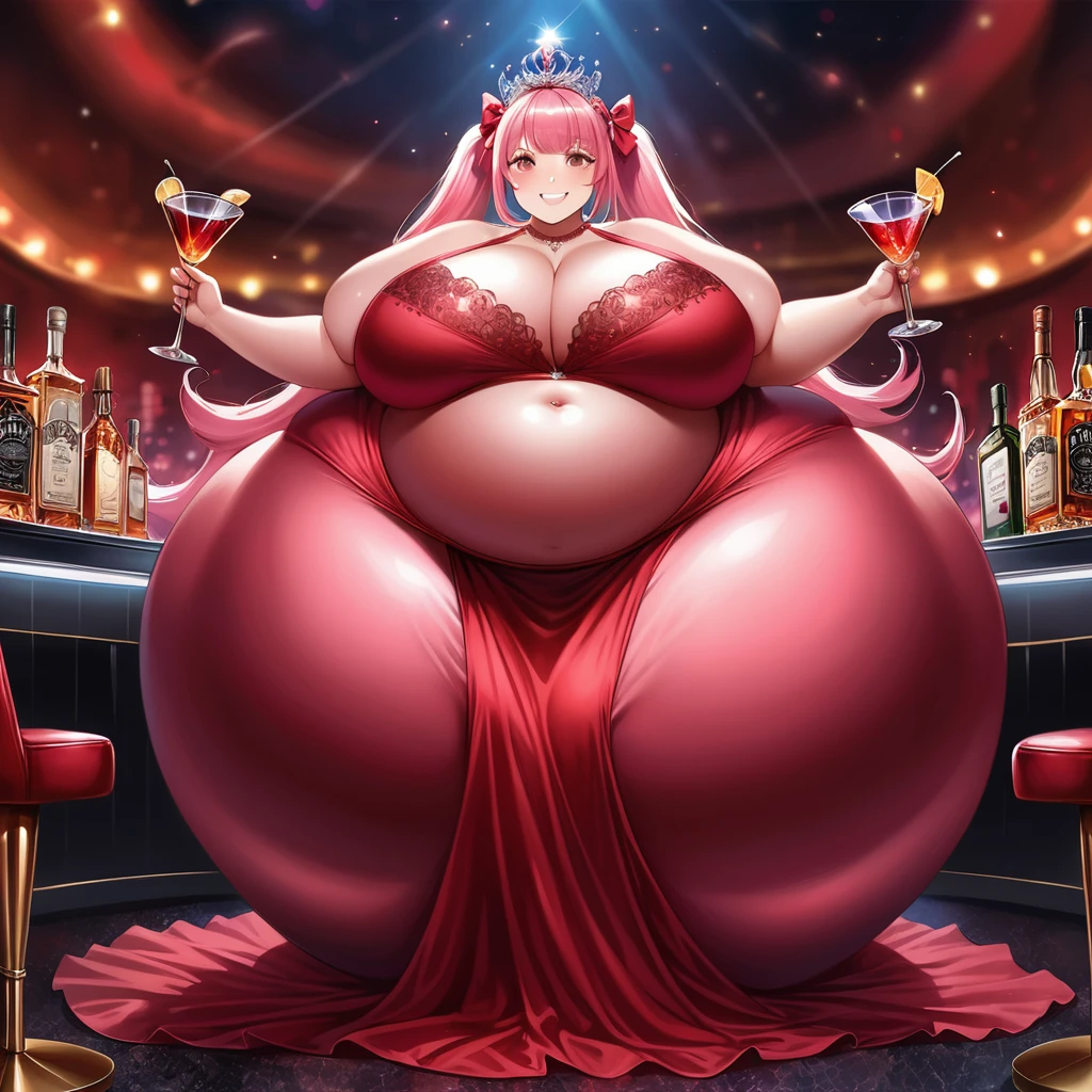 (8K, masutepiece, Best Quality, Official art, beautiful detailed, beautiful lighting, best masterpiece in history that exceeds limits), (1 Girl, Solo), (), (Beautiful detailed face), (shiny white skin), (Beautiful big bust, cleavage:1.3), (thighs:1.3), (Beautiful detailed pastel pink twin tails hair, Bangs:1.3), (beautiful detailed drooping pink eyes:1.5), break, (red theme, Beautiful detailed red long tight evening dress, Thigh-High Slit Maxi Skirt, black See-through intricate lace, red bow ribbon), (Beautiful Luxurious Diamonds Tiara), (happy smile:1.2), (Attractive, sensational, Look at the camera, cute pose, siting), breathtaking scenery, (ultra detailed realistic beautiful luxurious night club, bar, ソファー, Liquor, Cocktail glass, Wine:1.2), huge belly, massive belly, enormous belly, giant belly, huge belly, massive belly, enormous belly, giant belly, huge belly, massive belly, enormous belly, giant belly, huge belly, massive belly, enormous belly, giant belly, huge belly, massive belly, enormous belly, giant belly, huge belly, massive belly, enormous belly, giant belly, huge belly, massive belly, enormous belly, giant belly, huge belly, massive belly, enormous belly, giant belly, huge belly, massive belly, enormous belly, giant belly, huge belly, massive belly, enormous belly, giant belly, huge belly, massive belly, enormous belly, giant belly, huge belly, massive belly, enormous belly, giant belly, huge belly, massive belly, enormous belly, giant belly, huge belly, massive belly, enormous belly, giant belly, huge belly, massive belly, enormous belly, giant belly, huge belly, massive belly, enormous belly, giant belly, huge belly, massive belly, enormous belly, giant belly, huge belly, massive belly, enormous belly, giant belly, huge belly, massive belly, enormous belly, giant belly, huge belly, massive belly, enormous belly, giant belly, huge belly, massive belly, enormous belly, giant belly, huge belly, massive belly, enormous belly, giant belly, h