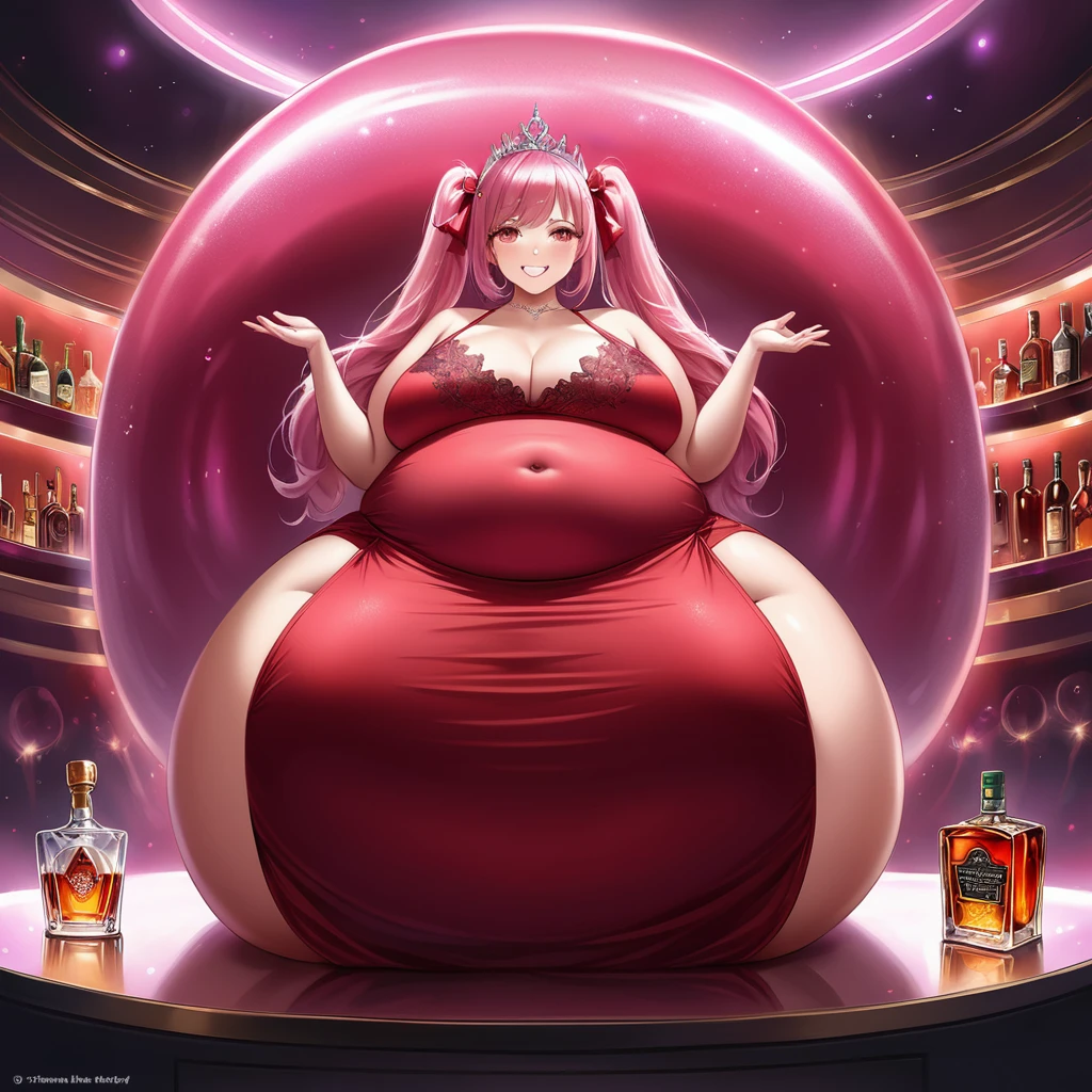 (8K, masutepiece, Best Quality, Official art, beautiful detailed, beautiful lighting, best masterpiece in history that exceeds limits), (1 Girl, Solo), (), (Beautiful detailed face), (shiny white skin), (Beautiful big bust, cleavage:1.3), (thighs:1.3), (Beautiful detailed pastel pink twin tails hair, Bangs:1.3), (beautiful detailed drooping pink eyes:1.5), break, (red theme, Beautiful detailed red long tight evening dress, Thigh-High Slit Maxi Skirt, black See-through intricate lace, red bow ribbon), (Beautiful Luxurious Diamonds Tiara), (happy smile:1.2), (Attractive, sensational, Look at the camera, cute pose, siting), breathtaking scenery, (ultra detailed realistic beautiful luxurious night club, bar, ソファー, Liquor, Cocktail glass, Wine:1.2), huge belly, massive belly, enormous belly, giant belly, huge belly, massive belly, enormous belly, giant belly, huge belly, massive belly, enormous belly, giant belly, huge belly, massive belly, enormous belly, giant belly, huge belly, massive belly, enormous belly, giant belly, huge belly, massive belly, enormous belly, giant belly, huge belly, massive belly, enormous belly, giant belly, huge belly, massive belly, enormous belly, giant belly, huge belly, massive belly, enormous belly, giant belly, huge belly, massive belly, enormous belly, giant belly, huge belly, massive belly, enormous belly, giant belly, huge belly, massive belly, enormous belly, giant belly, huge belly, massive belly, enormous belly, giant belly, huge belly, massive belly, enormous belly, giant belly, huge belly, massive belly, enormous belly, giant belly, huge belly, massive belly, enormous belly, giant belly, huge belly, massive belly, enormous belly, giant belly, huge belly, massive belly, enormous belly, giant belly, huge belly, massive belly, enormous belly, giant belly, huge belly, massive belly, enormous belly, giant belly, huge belly, massive belly, enormous belly, giant belly, huge belly, massive belly, enormous belly, giant belly, h
