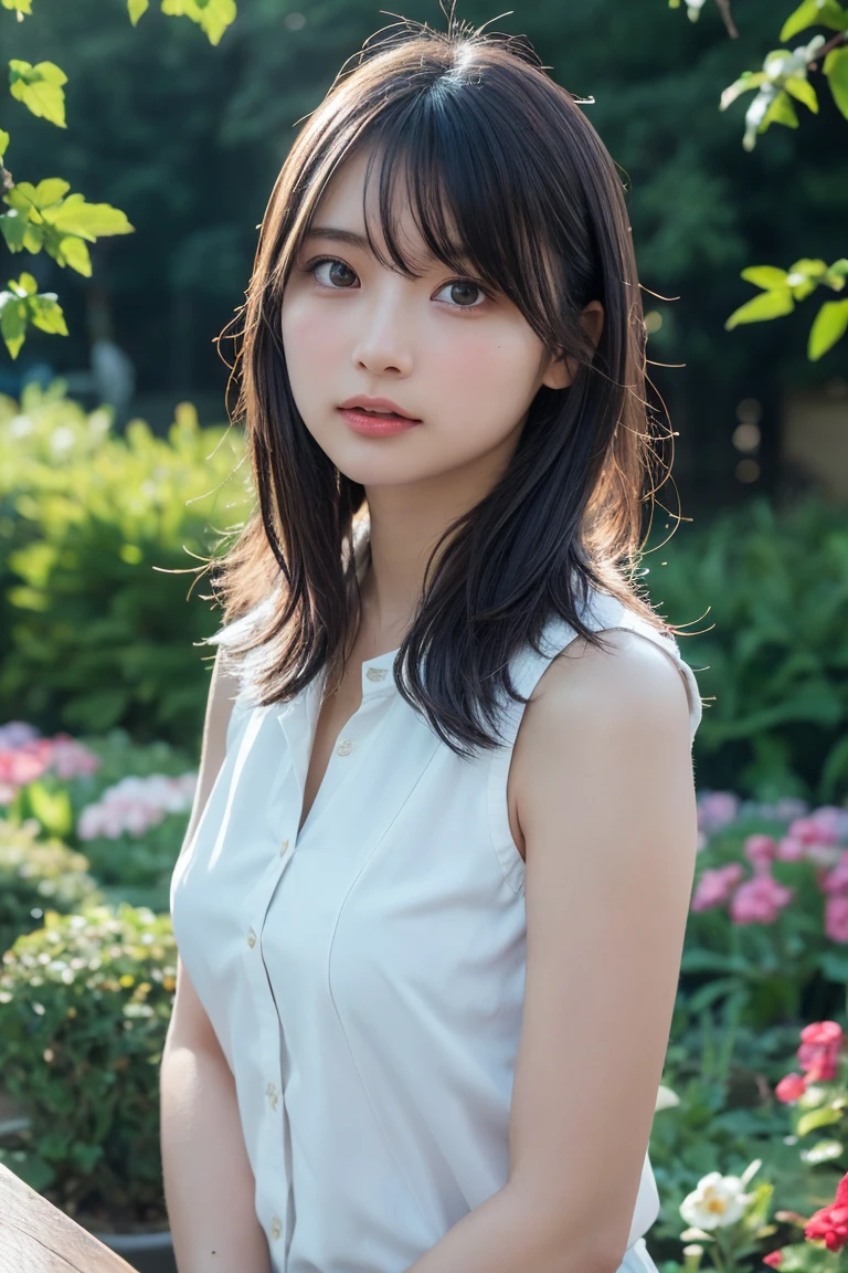 table top, very detailed, best quality, raw photos, (realistic:1.1), Crazy details, 1 girl comes in, beautiful, cute, sleeveless shirt, boring, medium hair, smooth, How much does the tip of the hair blow in the wind?, (brown eyes), Pale skin, from the front, soft light, depth of field ,garden, crowd