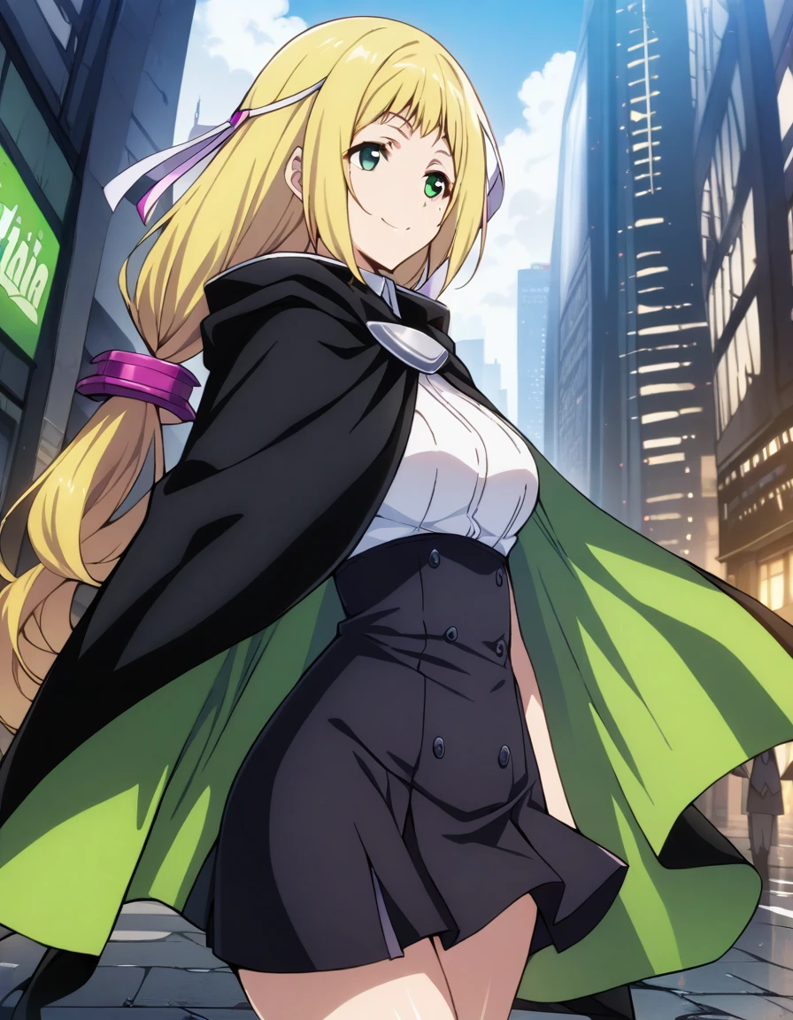 Solo, 1girl, esther rosenthal, smile, long hair, blonde hair, (green eyes:1.5), mole, hair ribbon, skirt, black cloak, cape, best quality, city 