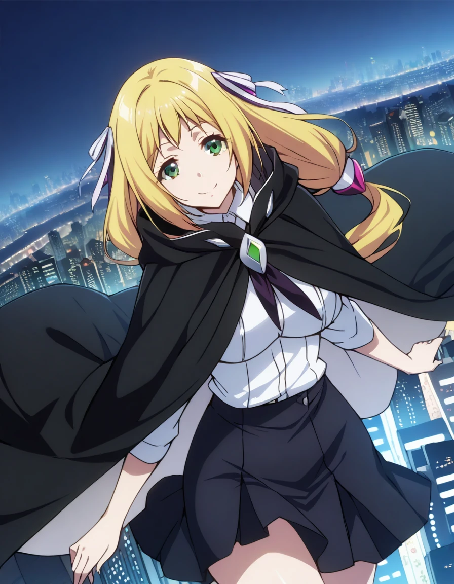 Solo, 1girl, esther rosenthal, smile, long hair, blonde hair, (green eyes:1.5), mole, hair ribbon, skirt, black cloak, cape, best quality, city 