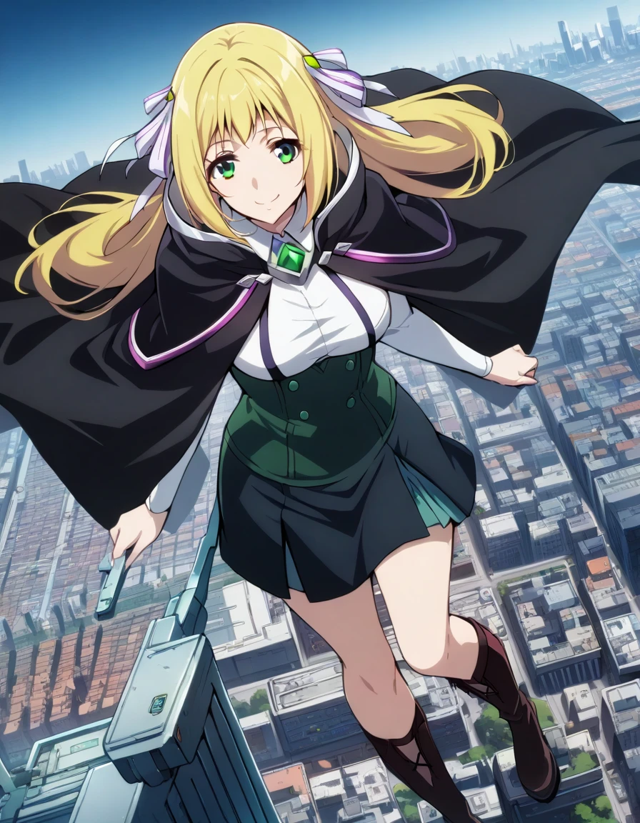 Solo, 1girl, esther rosenthal, smile, long hair, blonde hair, (green eyes:1.5), mole, hair ribbon, skirt, black cloak, cape, best quality, city 