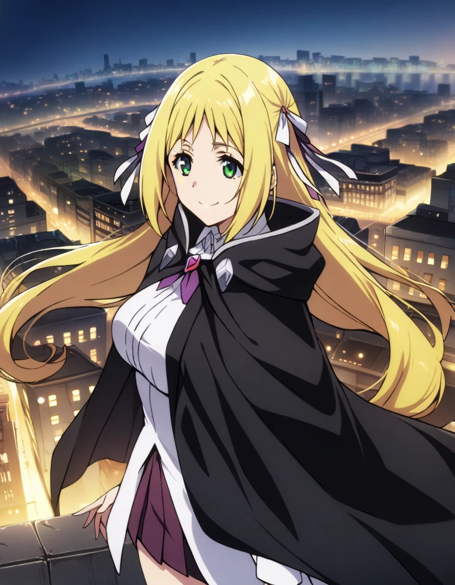 Solo, 1girl, esther rosenthal, smile, long hair, blonde hair, (green eyes:1.5), mole, hair ribbon, skirt, black cloak, cape, best quality, city 