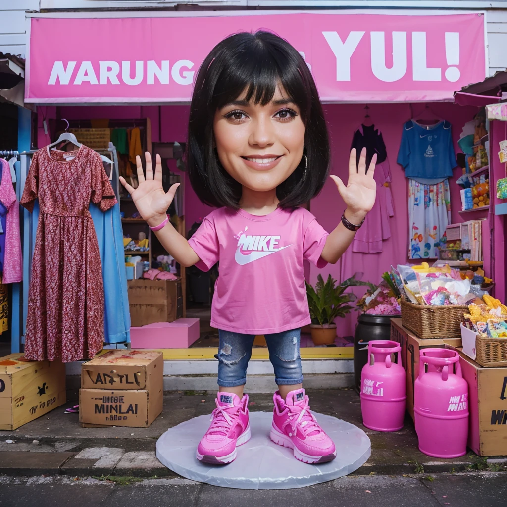 full bodyshoot realistic 3D caricature photo, a 30 year old woman, shoulder length black hair with bangs, smiling face, wearing a pink t-shirt with jeans, pink Nike basketball shoes, raising her hands in an unknowing pose, front background of a mini market with a sign that says "WARUNG CI YULI" in pink paint, with merchandise in the form of super hero costumes on display, batik clothes, dresses, and light snacks wrapped in plastic, and pink gas cylinders.
