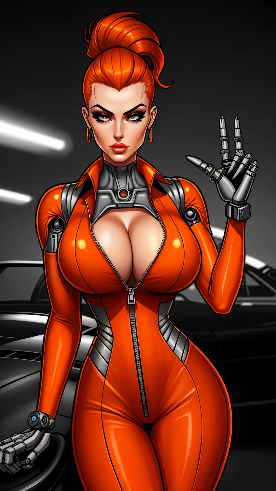 Femme Fatale, gorgeous mechanic, atompunk, blank background, retro-futurism, mechanical hand, cybernetic augments, unzipped orange jumpsuit, gunmetal grey, cleavage, half shaved head, ginger hair