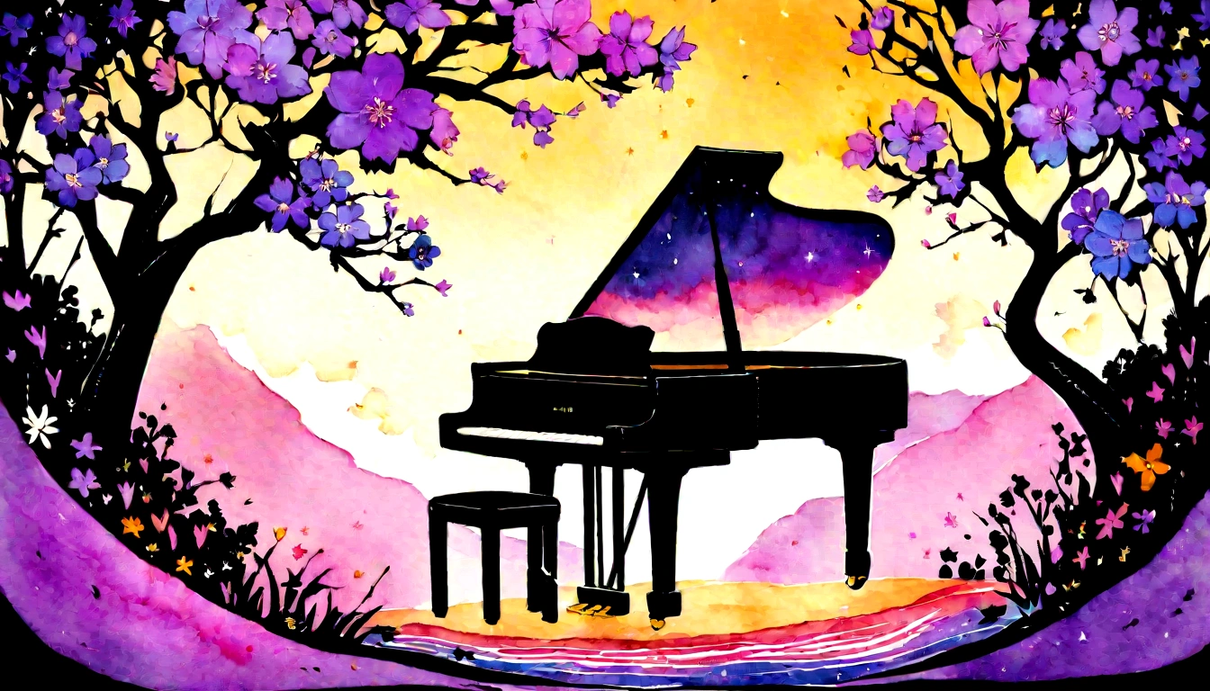 【最高masterpiece】Piano Jazz Bar,Analog Color Theme, Lo-fi Hip Hop , review, flat, 2.5D ,Draw a line, Ink Painting, Watercolor, Gouache Color, Very colorful, Outerton, Krautlock, Lofi Art,Old Texture, amplitude,Psychedelic atmosphere, masterpiece, Technology of Wonders,Darken the room,A beautiful night at the beach with a starry sky outside the window,Cherry blossoms in full bloom on top of the piano