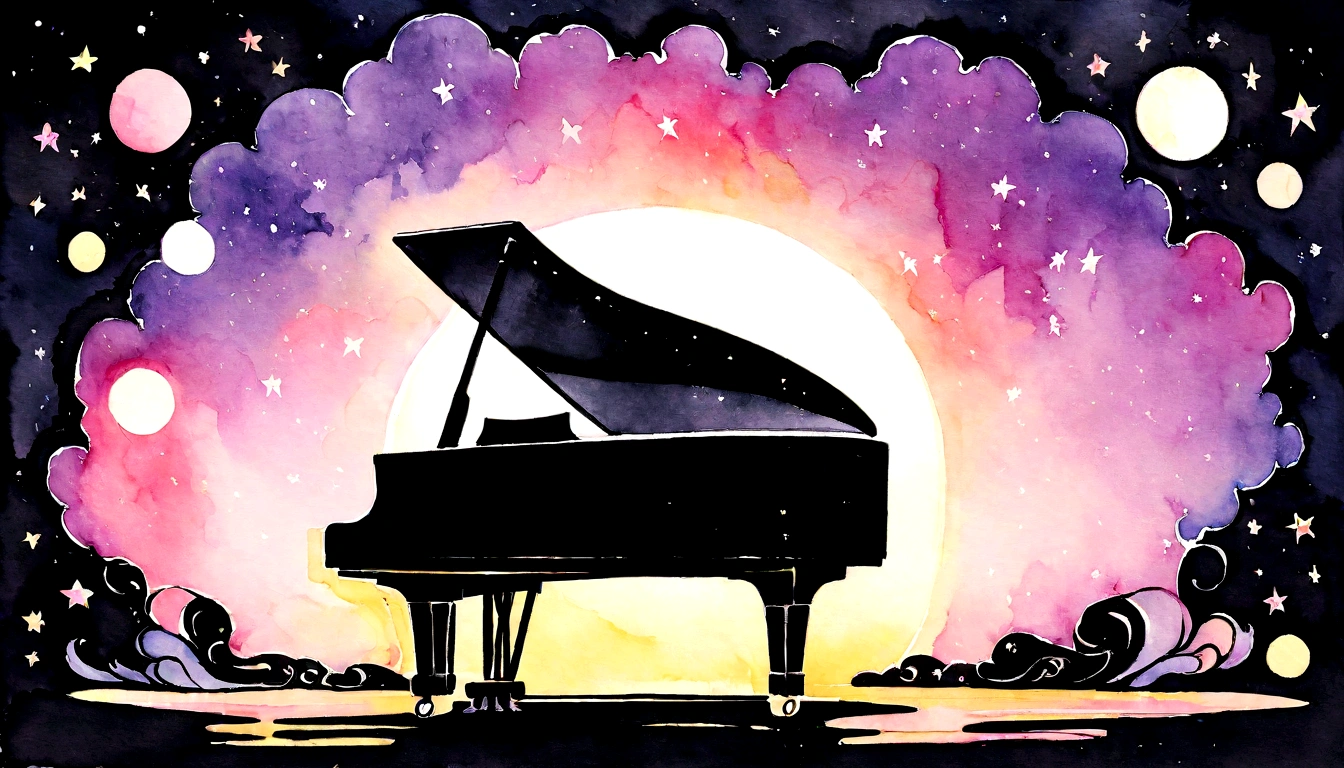 【最高masterpiece】Piano Jazz Bar,Analog Color Theme, Lo-fi Hip Hop , review, flat, 2.5D ,Draw a line, Ink Painting, Watercolor, Gouache Color, Very colorful, Outerton, Krautlock, Lofi Art,Old Texture, amplitude,Psychedelic atmosphere, masterpiece, Technology of Wonders,Darken the room,A beautiful night at the beach with a starry sky outside the window,Cherry blossoms in full bloom on top of the piano