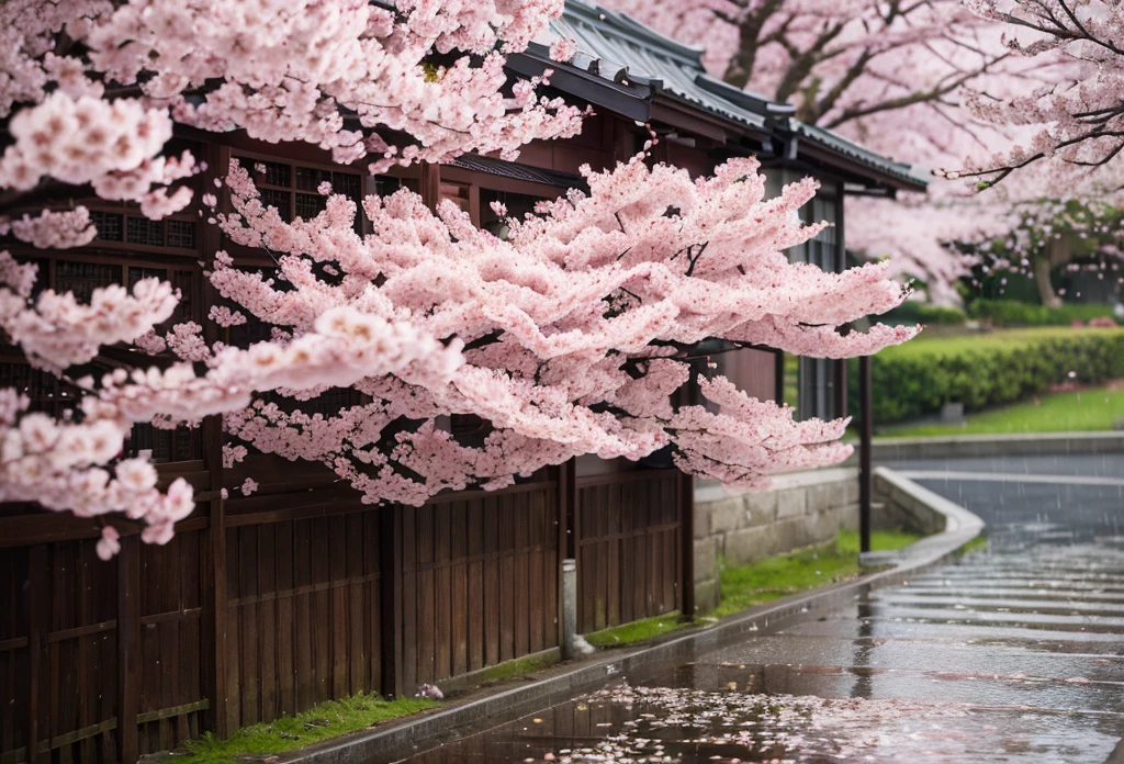 There is a corner of cherry blossoms on the deep path, and with the raindrops falling, the background is blurred to highlight the corner of cherry blossoms in a realistic style.