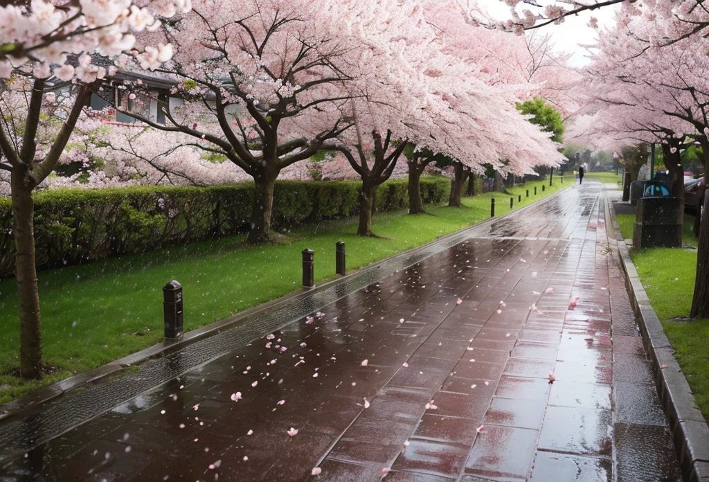 There is a corner of cherry blossoms on the deep path, and with the raindrops falling, the background is blurred to highlight the corner of cherry blossoms in a realistic style.