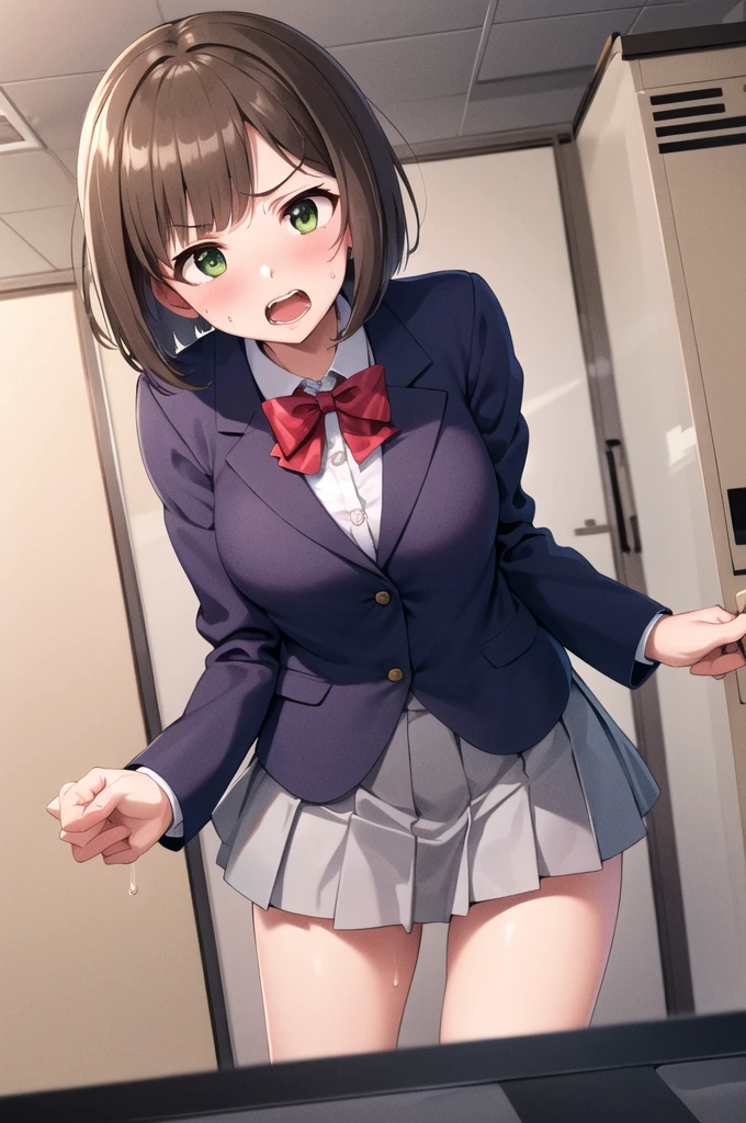 masterpiece, Highest quality, High resolution, MyMiku, short hair, teeth, , Red Bow, Collared shirt, Blue jacket, blazer, Long sleeve, Pleated skirt, Grey Skirt, Black knee socks, Cowboy Shot, anger, Are standing, locker room,Shirt open,Skirt flip,Panties in full view,Sweat