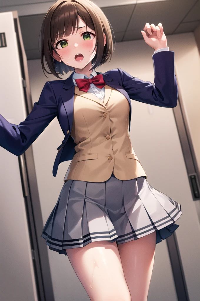 masterpiece, Highest quality, High resolution, MyMiku, short hair, teeth, , Red Bow, Collared shirt, Blue jacket, blazer, Long sleeve, Pleated skirt, Grey Skirt, Black knee socks, Cowboy Shot, anger, Are standing, locker room,Shirt open,Skirt flip,Panties in full view,Sweat