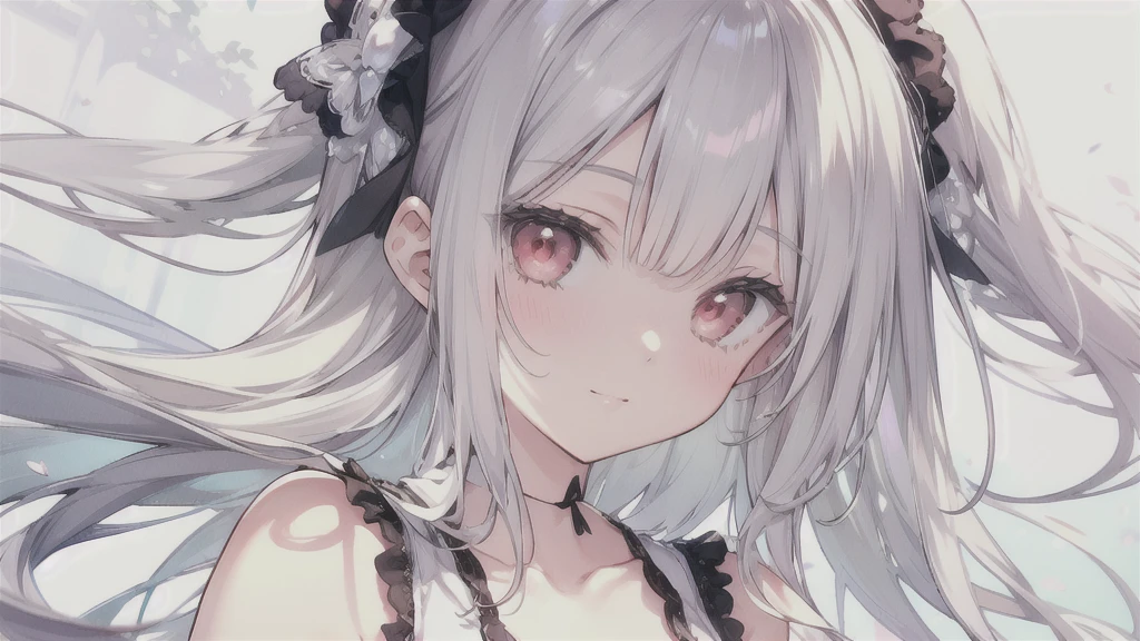 One Woman、Gray Hair、Twin tails、Pink eyes、Droopy eyes、Contemptuous eyes、Sticking out tongue、Exposed chest、Black feather weave、View Viewer、indoor、Overlooking、anime、Very detailed。