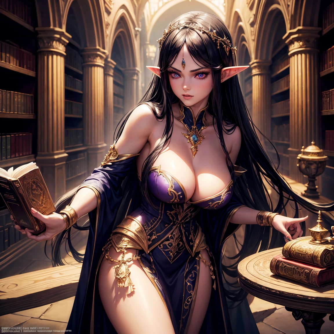 a woman, 1girl, elf, very long black hair, big breasts, long pointed ears, purple eyes!!!, serious face, make she nude, walk in a large library, dark castle, very sexy body, detailed face, beautiful detailed eyes, beautiful detailed lips, extremely detailed eyes and face, long eyelashes, intricate details, highly detailed, photo realistic, 8k, best quality, masterpiece, cinematic lighting, dramatic lighting, vibrant colors, fantasy, digital art, concept art