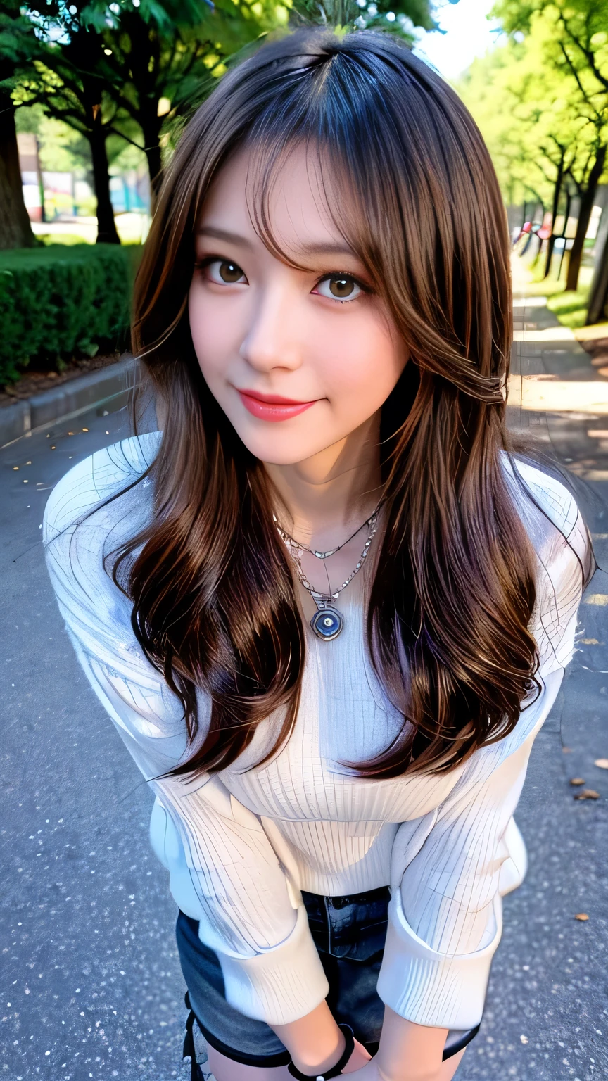 seed:4195271995,((Full Body Angle:1.1)),((Highest quality, 8K, masterpiece: 1.3)), concentrated: 1.2,Front hair:1.3, Cute girl 1,Nipples erect、 Perfect beauty: 1.4,Colorful ribbed knit half-zip T-shirt、Shorts,: 1.2,Randall Color、comics&Text Graphics、Black,1.1, Highly detailed face and skin textures, Fine grain, double eyelid, whitening skin, ,Highest quality,Ultra-high resolution,you,1 girl,alone,_Shiny_skin,Iris,necklace,((brown_length_Wavy_hair)),(lips)),eyelash,Front hair,deal with,compensate,Shiny,pore,skin big breasts、(smiling face)、Front hair、Walking in the park、walk