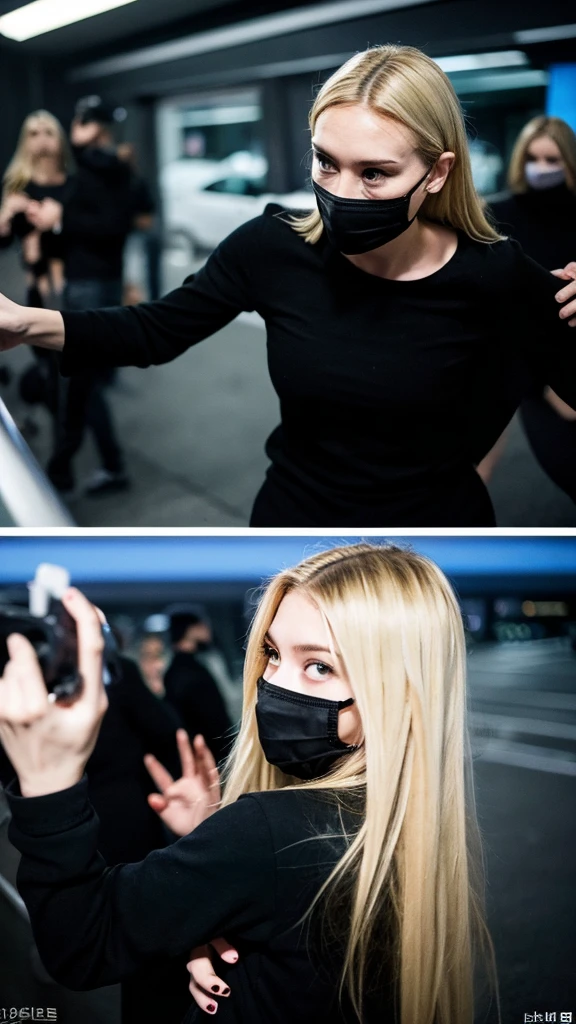 "Serial killer wearing a black mask and black clothing, attacking a 25-year-old blonde woman. Blurring around the scene."