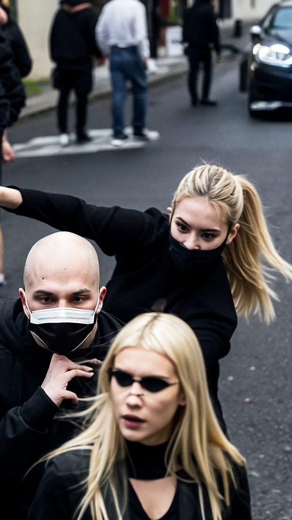 "Serial killer wearing a black mask and black clothing, attacking a 25-year-old blonde woman. Blurring around the scene."
