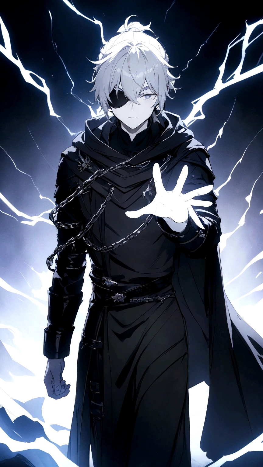 Anime character. A man, he was medieval. 27 years old, large body, cold gaze, cold expression, white skin, short and messy gray hair, ponytail, left eye patch, black clothes, black shirt, dark cape with hood, several chains. frontal camera. Walking under the red moonlight. White electricity emanating from his body, black electricity emanating from his left hand. Iris of the right eye glowing white. Thunderous white lightning. (best quality, 4k, 8k, high resolution, masterpiece: 1.2)