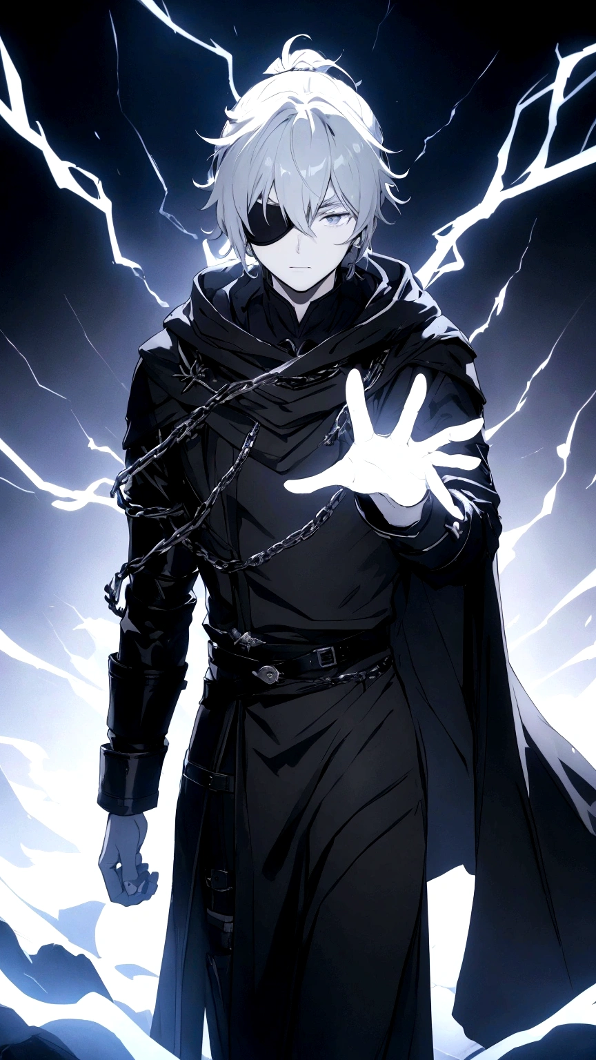 Anime character. A man, he was medieval. 27 years old, large body, cold gaze, cold expression, white skin, short and messy gray hair, ponytail, left eye patch, black clothes, black shirt, dark cape with hood, several chains. frontal camera. Walking under the red moonlight. White electricity emanating from his body, black electricity emanating from his left hand. Iris of the right eye glowing white. Thunderous white lightning. (best quality, 4k, 8k, high resolution, masterpiece: 1.2)
