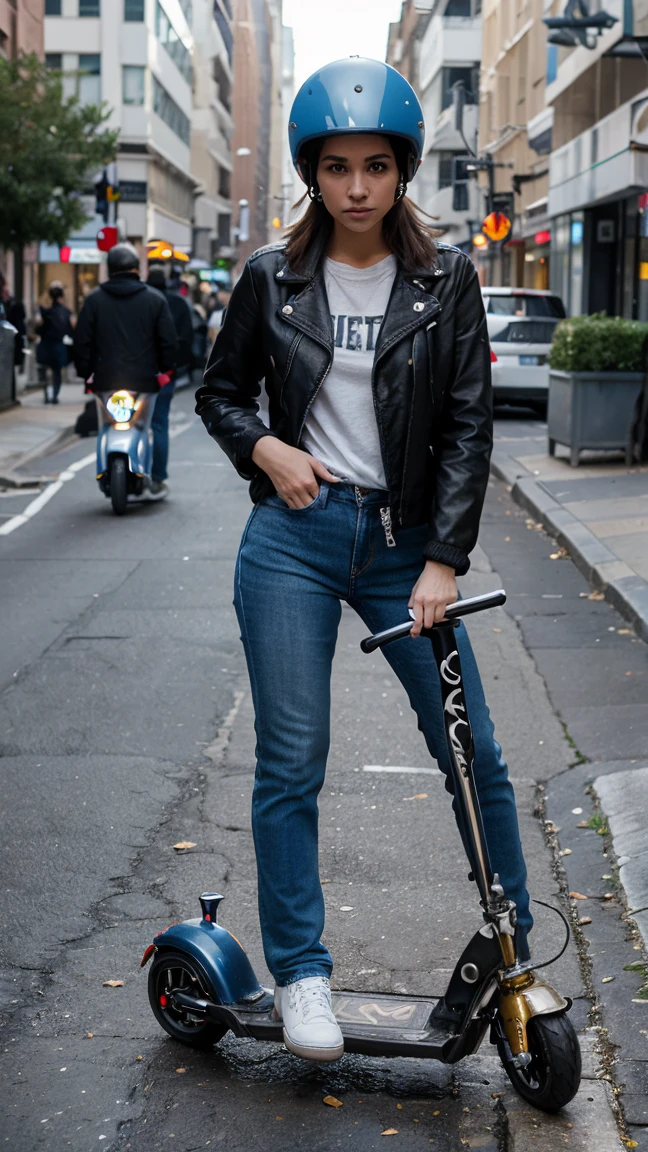 Girl riding scooter, jacket, blue jeans, shoes, helmet, street, (scooter), ((detailed scooter)), hand gloves, 