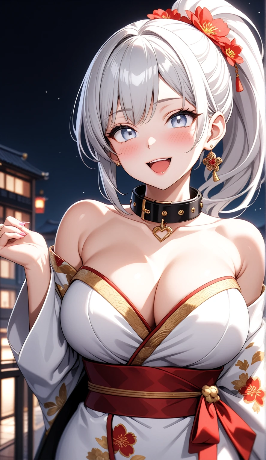((One personの女性)), Beautiful Face, Laughing embarrassedly, (laugh:1.2),((Wink:1.9)), (head tilt:1.3), Laugh with your mouth wide open, upper teeth, looking down at viewer,((grab the collar:2.0)), ((full-face blush:1.6)),Glossy Red Lips,rooftop, firework, Glossy red lips, Shining Face, ((Anime style background)),masterpiece, Highest quality, so beautiful,up to date, Complex details, (Pink long nails),(ring),(bracelet),(Floral choker),AI-generated, Complex,High resolution, Highest quality, super high quality,3D Images、3D Images, One person, Long white hair, High Ponytail, Anime woman posing for a photo, (blue eyes), ((Fine grain、Silvery white, lightly pigmented eyes、Shining Eyes:1.4)), (Squint your eyes:1.1),a hyperRealistic , hyperRealistic , Realistic,Anime woman with long white hair, Smooth anime CG art, A woman in a colorful kimono with gold embroidery, (Black long sleeve kimono),Red floral pattern,Long flower hair ornament,Earrings,Mature Body,(Big Breasts:1.1),Tall,Abdominal muscles,Tight waist,(Zoom up to face:1.3), (front view),