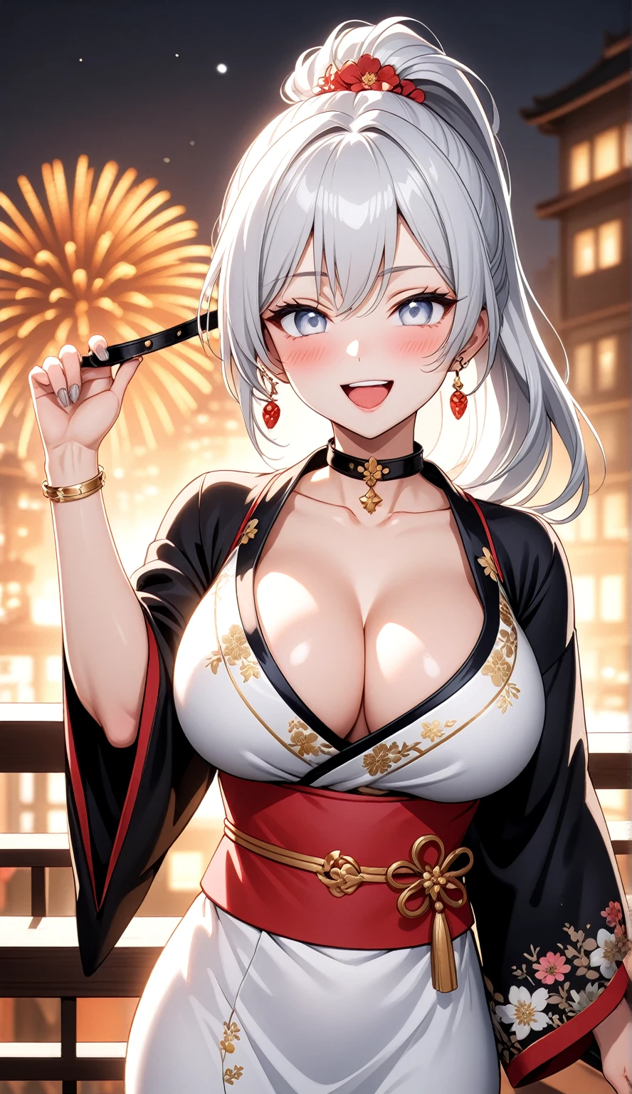 ((One personの女性)), Beautiful Face, Laughing embarrassedly, (laugh:1.2),((Wink:1.9)), (head tilt:1.3), Laugh with your mouth wide open, upper teeth, looking down at viewer,((grab the collar:2.0)), ((full-face blush:1.6)),Glossy Red Lips,rooftop, firework, Glossy red lips, Shining Face, ((Anime style background)),masterpiece, Highest quality, so beautiful,up to date, Complex details, (Pink long nails),(ring),(bracelet),(Floral choker),AI-generated, Complex,High resolution, Highest quality, super high quality,3D Images、3D Images, One person, Long white hair, High Ponytail, Anime woman posing for a photo, (blue eyes), ((Fine grain、Silvery white, lightly pigmented eyes、Shining Eyes:1.4)), (Squint your eyes:1.1),a hyperRealistic , hyperRealistic , Realistic,Anime woman with long white hair, Smooth anime CG art, A woman in a colorful kimono with gold embroidery, (Black long sleeve kimono),Red floral pattern,Long flower hair ornament,Earrings,Mature Body,(Big Breasts:1.1),Tall,Abdominal muscles,Tight waist,(Zoom up to face:1.3), (front view),