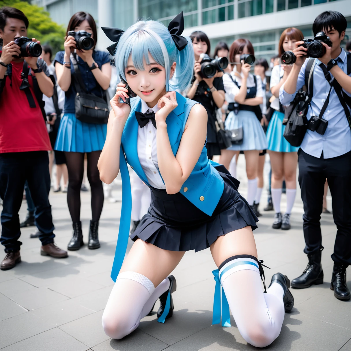 Beautiful 18 year old Japanese female, woman seen from the front, male photographer in multiple outfits taking photo of woman with camera, male photographer in multiple outfits taking photo of same woman with cell phone, multiple photographers in background, woman in focus, woman facing viewer, woman looking away, woman full body visible, woman with arm raised and other hand resting on thigh, woman kneeling on one leg, sleeves removed, taking photo, long hair, skirt, crowd, multiple photographers wearing mouth masks, thigh high socks, woman with light blue hair, pigtails, very long hair, ribbon, hair accessory, cosplay, one knee, bow tie, smiling, sleeveless, black skirt, exposed shoulder, white boots, white shirt, bangs, outdoor depth of field,