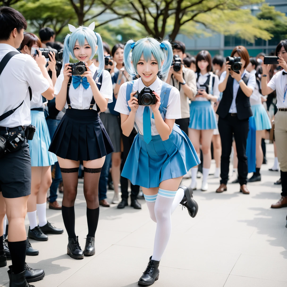 Beautiful 18 year old Japanese female, woman seen from the front, male photographer in multiple outfits taking photo of woman with camera, male photographer in multiple outfits taking photo of same woman with cell phone, multiple photographers in background, woman in focus, woman facing viewer, woman looking away, woman full body visible, woman with arm raised and other hand resting on thigh, woman kneeling on one leg, sleeves removed, taking photo, long hair, skirt, crowd, multiple photographers wearing mouth masks, thigh high socks, woman with light blue hair, pigtails, very long hair, ribbon, hair accessory, cosplay, one knee, bow tie, smiling, sleeveless, black skirt, exposed shoulder, white boots, white shirt, bangs, outdoor depth of field,