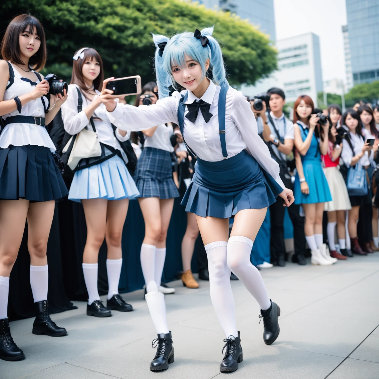 Beautiful 18 year old Japanese female, woman seen from the front, male photographer in multiple outfits taking photo of woman with camera, male photographer in multiple outfits taking photo of same woman with cell phone, multiple photographers in background, woman in focus, woman facing viewer, woman looking away, woman full body visible, woman with arm raised and other hand resting on thigh, woman kneeling on one leg, sleeves removed, taking photo, long hair, skirt, crowd, multiple photographers wearing mouth masks, thigh high socks, woman with light blue hair, pigtails, very long hair, ribbon, hair accessory, cosplay, one knee, bow tie, smiling, sleeveless, black skirt, exposed shoulder, white boots, white shirt, bangs, outdoor depth of field,