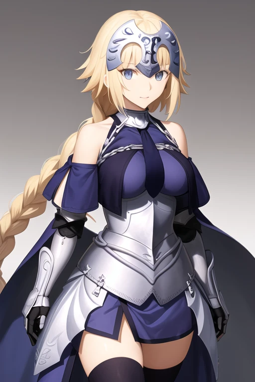 aajd, long hair, single braid, long braid, headpiece, blue capelet, blue shirt, armor, armored dress, blue dress, gauntlets, black thighhighs, eejd, long hair, single braid, long braid, bare shoulders, black necktie, blue cloak