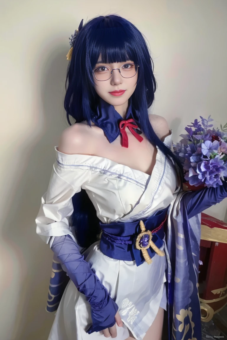best quality, tmasterpiece,Ultra-high resolution,Clear face,(Reality:1.4),ferpect lighting,(upper body photo), (photorealistic:1.50), anime wallpaper, Guviz style artwork, cover-up fantasy up to magic , by Yang J, Guviz, beautiful artwork illustration, beautiful digital artwork, beautiful digital illustration, Li Song, beautiful anime portrait, art style in Beauvot, 1girl, Slim Belly Beauty: 1.3, (medium Breasts: 1.2), Double Eyelids, Smile, Home, long hair, Ponytail hair, purple hair, (Glasses), bangs, White dress, Bare shoulders, (standing), upper body, smile, Inside the house, Glass,
