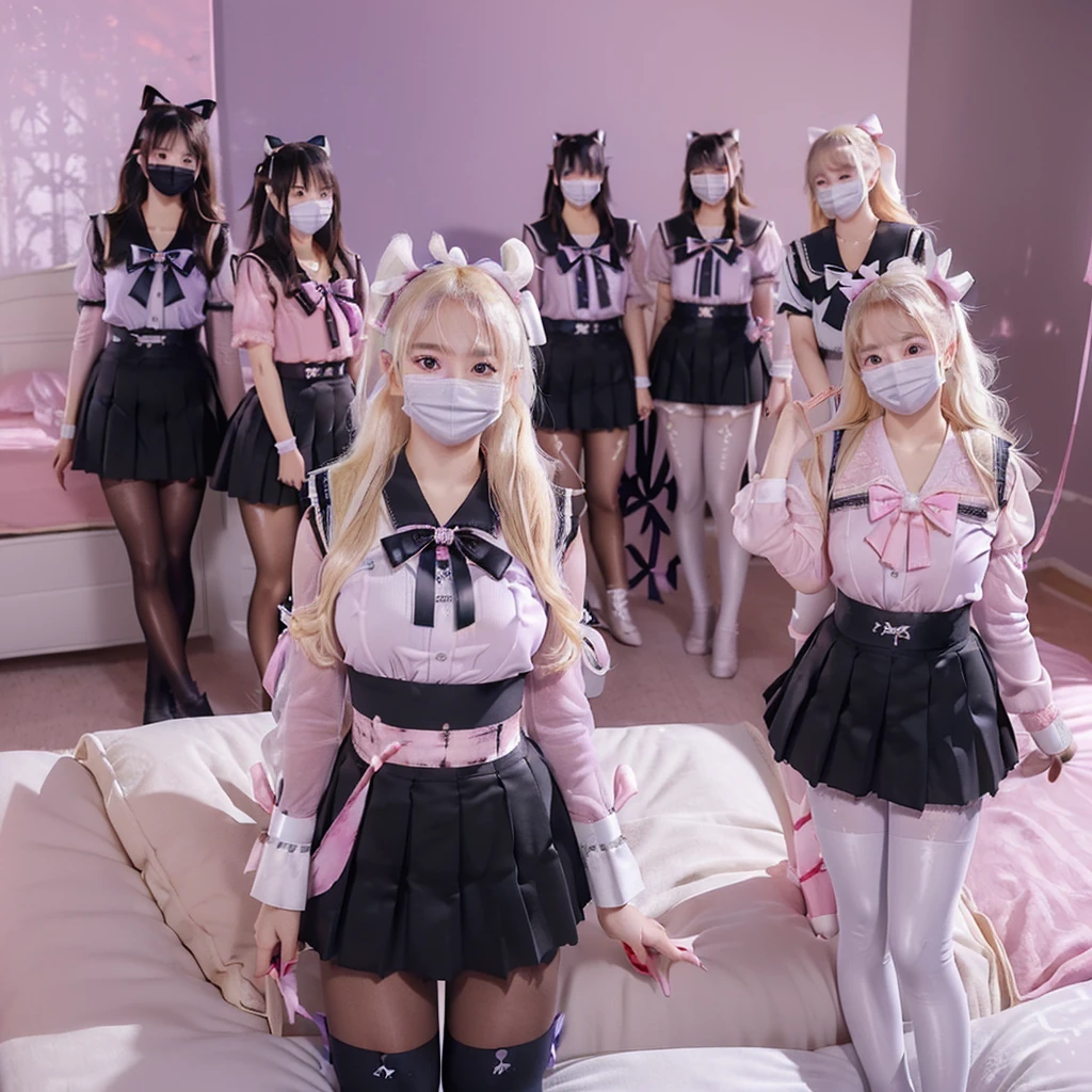 8K resolution, surreal, Super detailed, high quality, perfect anatomy, perfect proportion, 
((((((A group photo of meeting in bedroom at midnight, women only, violet pink lighting, luxurious bed, crowded indoor meeting at night, 4 girls, group photo)))))), 
(((((black satin clothes, jirai fashion, black sailor collar, sailor uniform, Lace, black pleated skirt, black micro mini skirt, bow ribbon))))), 
((grin, happy, detailed face)), ((((wearing black face mask)))), 
((((bleached hair))))+, (large breasts), posing, 
(((shiny detailed oiled skin))), 
(((black see-through tights))), looking at viewer