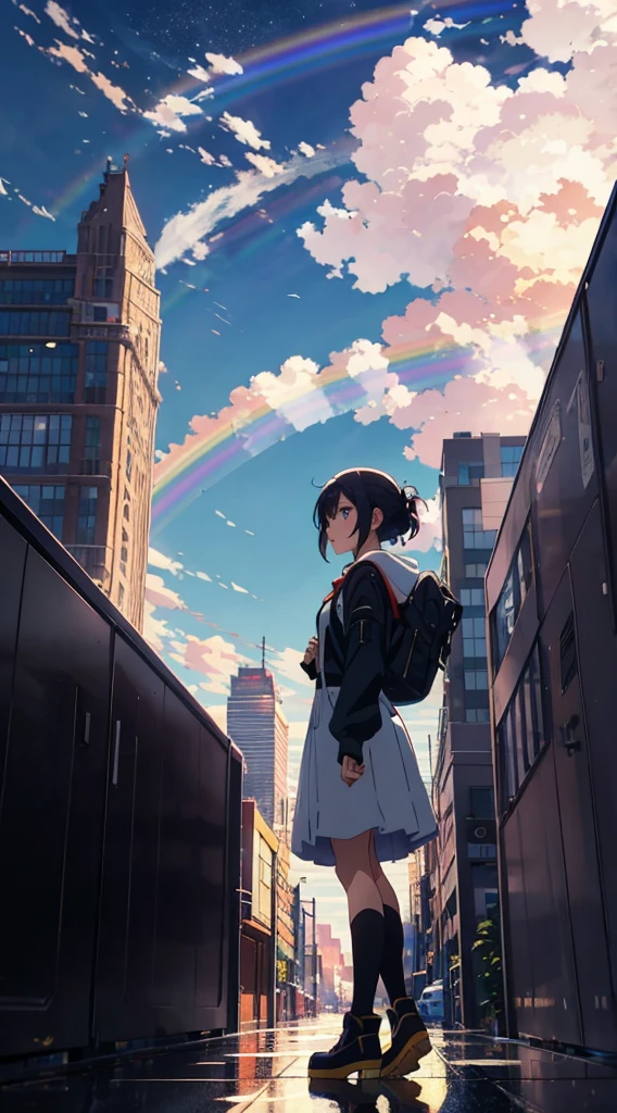 Anime girl standing in a big city looking at the rainbow sky,Near future city、 Makoto Shinkai Cyril Rolland, anime art wallpaper 4k, anime art wallpaper 4k, Anime Art Wallpapers 8K, Inspired by Cyril Rolland, Dan Mumford's Artwork Style, Awesome Wallpapers, by Yuumei