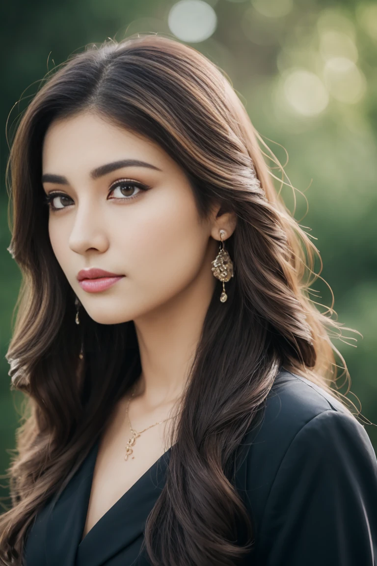 Portrait of A confident-looking indian woman with long flowing hair, hazel eyes, Woman in business attire, hispanic , trending on artstation, portrait, , modern, sleek, highly detailed, determined, lawyer, colorized, smooth, charming, pretty, perfect composition, hyperrealistic, super detailed, 8k, high quality, trending art, trending on artstation, sharp focus, garden photo, intricate details, highly detailed, very thin beautiful woman with brown hair and elegant hairstyle, clear facial features, detailed image, realistic, real, realistic facial features, realistic photography,woman facing the viewer