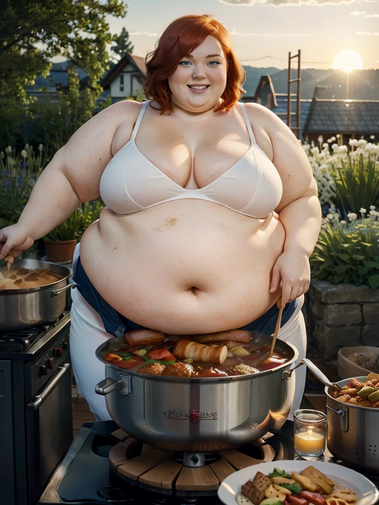 A happy photo of a young beautiful redhead wife bbw with short ginger hair soft fat belly, wide fat obese hips, thick fat legs and fat arms, cute pretty face, blue eyes, freckles, in sime white underwear , cooking goulash in a cauldron with a fire place below it in the garden cooking place, there is a table with a lot of delicious foods meats and bread on it, at sunset