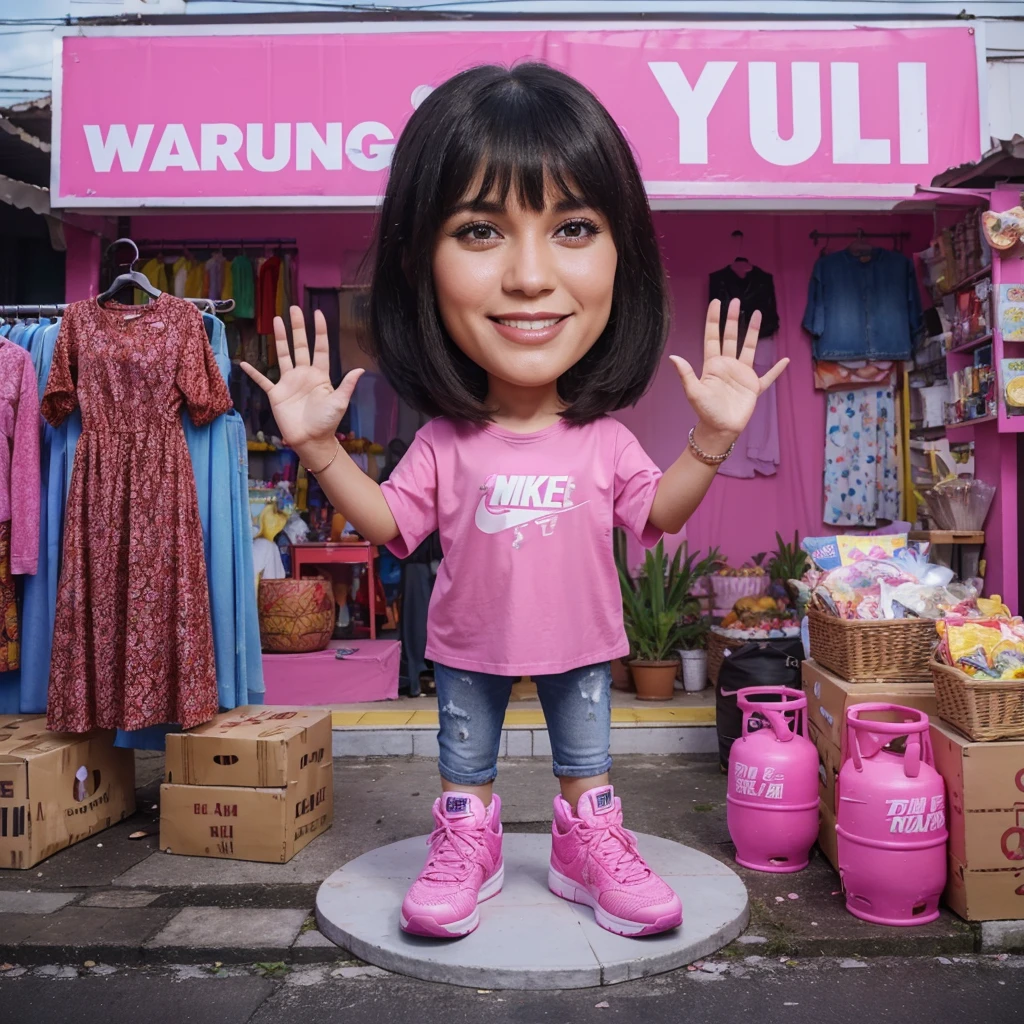 full bodyshoot realistic 3D caricature photo, a 30 year old woman, shoulder length black hair with bangs, smiling face, wearing a pink t-shirt with jeans, pink Nike basketball shoes, raising her hands in an unknowing pose, front background of a mini market with a sign that says "WARUNG CI YULI" in pink paint, with merchandise in the form of super hero costumes on display, batik clothes, dresses, and light snacks wrapped in plastic, and pink gas cylinders.