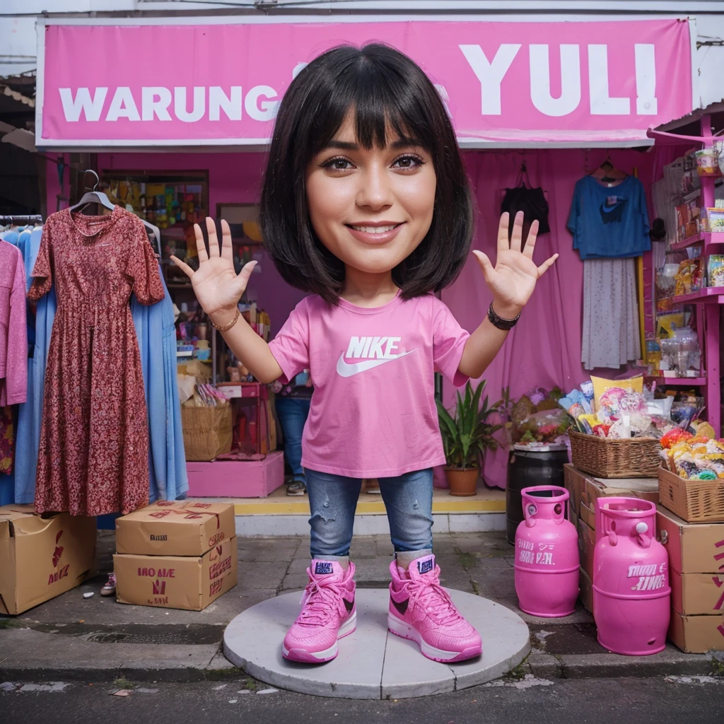 full bodyshoot realistic 3D caricature photo, a 30 year old woman, shoulder length black hair with bangs, smiling face, wearing a pink t-shirt with jeans, pink Nike basketball shoes, raising her hands in an unknowing pose, front background of a mini market with a sign that says "WARUNG CI YULI" in pink paint, with merchandise in the form of super hero costumes on display, batik clothes, dresses, and light snacks wrapped in plastic, and pink gas cylinders.