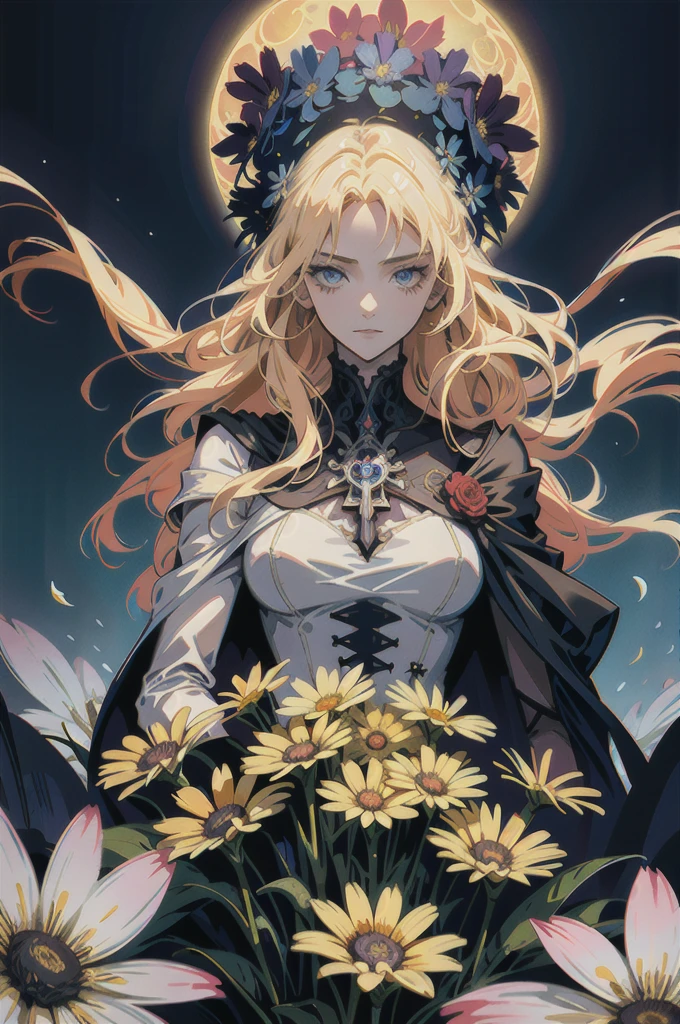 Exquisite and charming anime style illustration, alucard fusão com sarada dark fênix in the daisy flower bed, a beautiful girl with blond hair, blue eyes, half body, hiding in the flowers dark black , colorful and dazzling black . Intricate details, rendering and painting techniques come together to create a mesmerizing scene that evokes elegance and otherworldly elegance.
