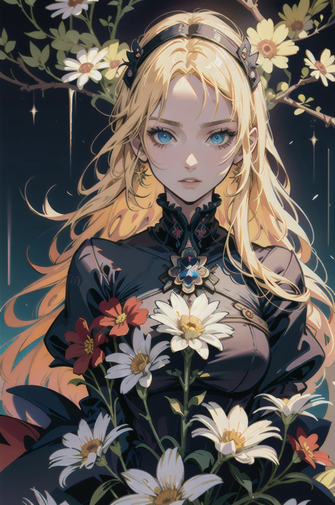 Exquisite and charming anime style illustration, alucard fusão com sarada dark fênix in the daisy flower bed, a beautiful girl with blond hair, blue eyes, half body, hiding in the flowers dark black , colorful and dazzling black . Intricate details, rendering and painting techniques come together to create a mesmerizing scene that evokes elegance and otherworldly elegance.