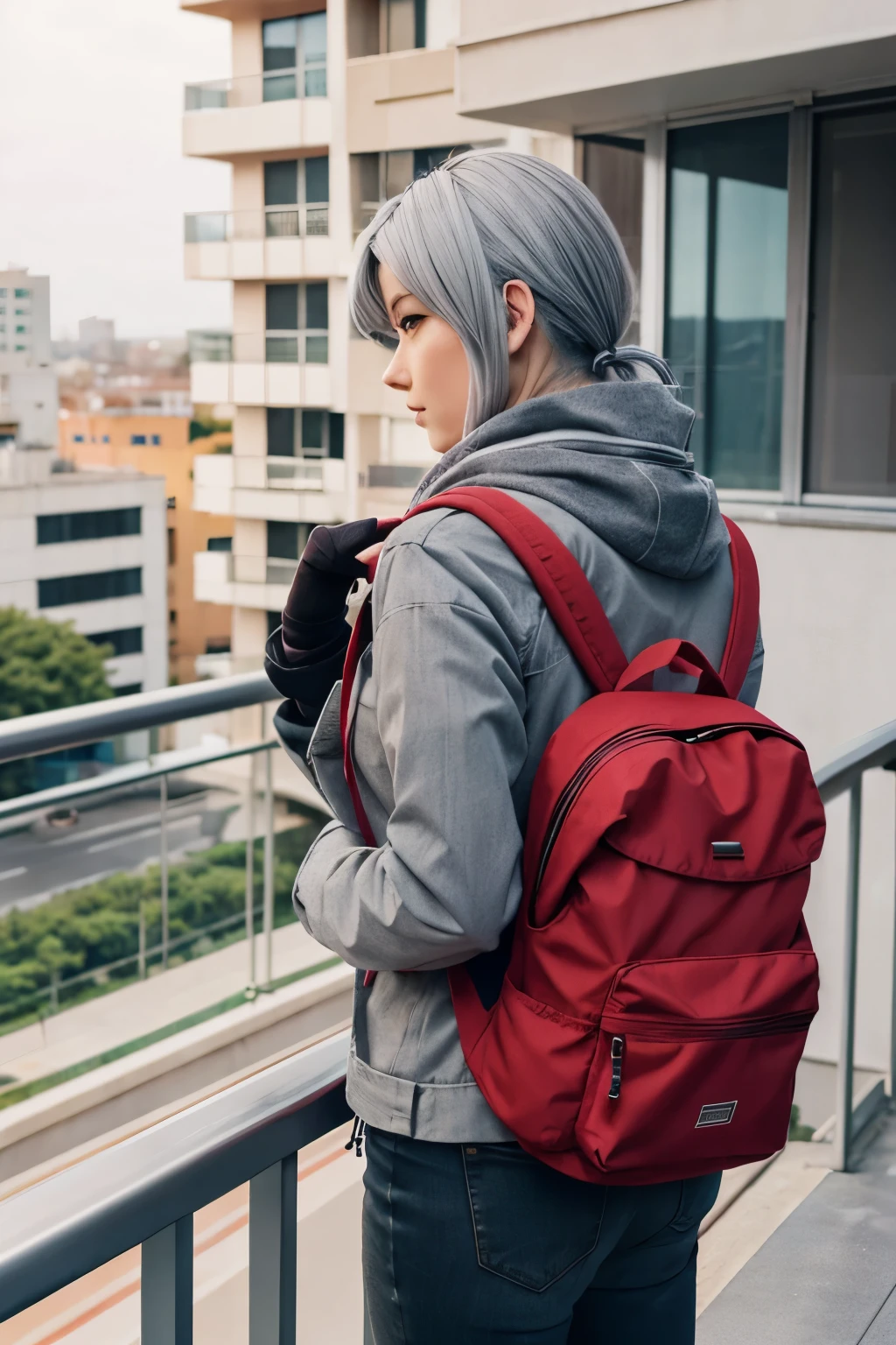 Female anime with grey hair ,red scarf, with a backpack hands in pocket ... standing near the balcony with lined and looking the city and back side view at evening with free hair a top view