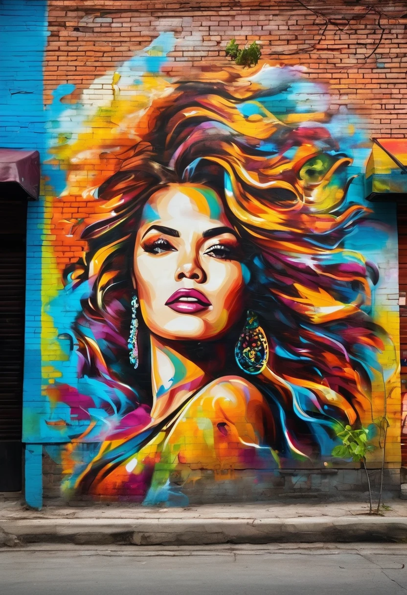 Beautiful stunning woman waving hair splash graffiti wallpainting on a corner house rough brick  wall colorful streetpainting showing street mouvment sun rays dark clouds peoples cars 
