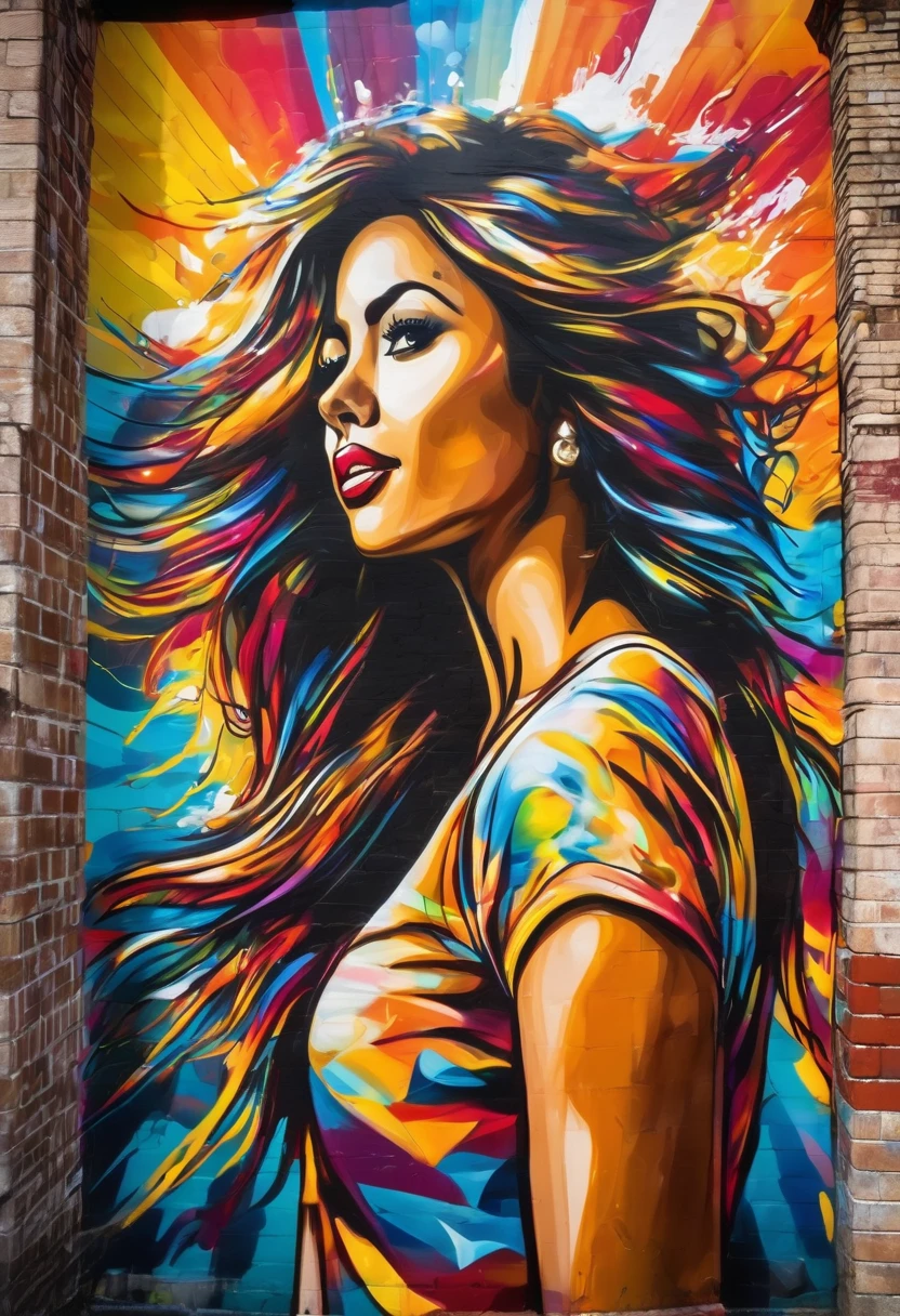 Beautiful stunning woman waving hair splash graffiti wallpainting on a corner house rough brick  wall colorful streetpainting showing street mouvment sun rays dark clouds peoples cars 