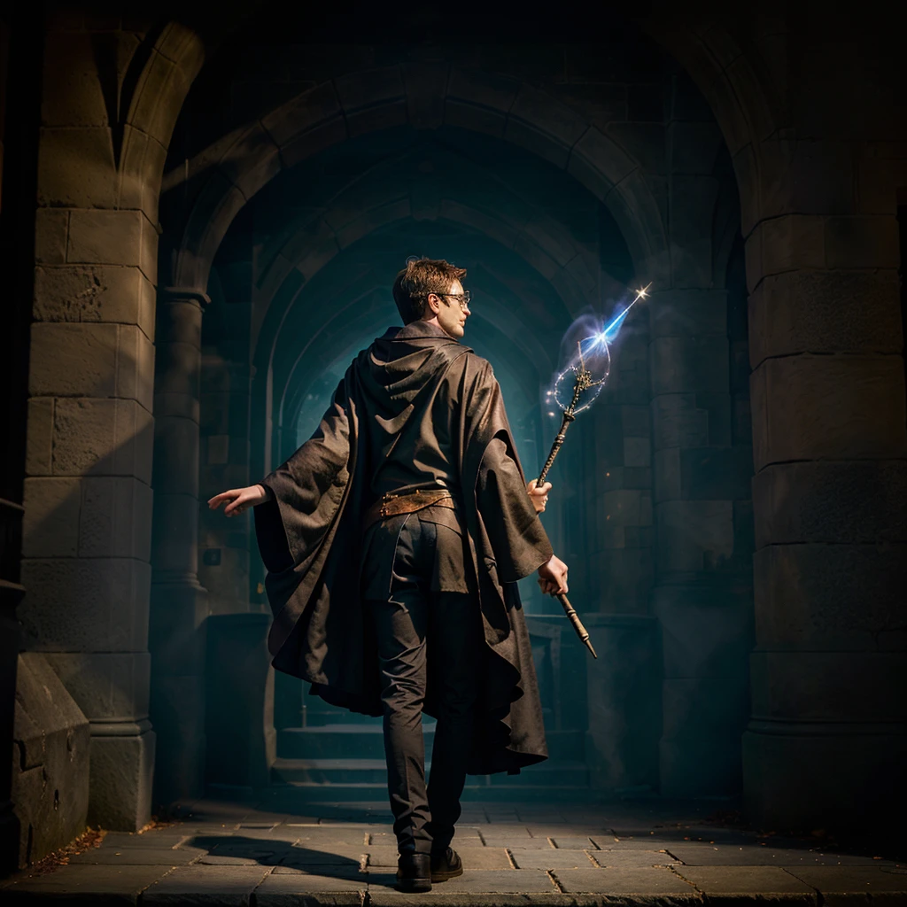 man from back to full body with a Harry Potter cloak and a wand, magician&#39;s cloak, wizard robes, wearing wizard robes, wearing black wizard robes, mantle movement waving, old magician&#39;s cloak, wearing a dark cloak, wearing hogwarts!!! robes!!!, wearing a wizard cloak, flowing magic cloak, wizard cloak, wearing red sorcerers robes, wearing aristocrat robe