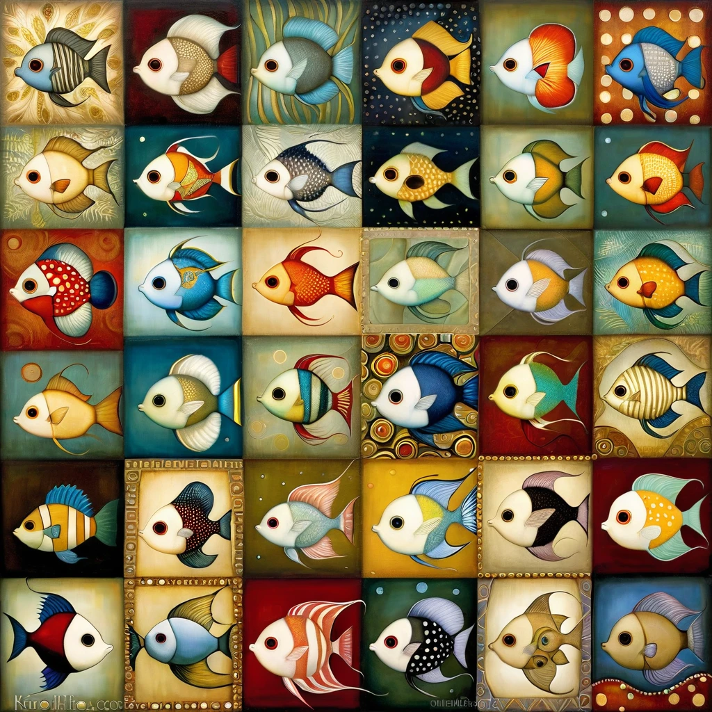 Patchwork by Klimt, Nicoletta Ceccoli, Naoto Hattori, Lawrence Didier, Leonora Carrington of Tropical fish, puffer fish, angel fish,emperor fish, clown fish, porcupine fish, harlequin fish, trigger fish, whales, stylized