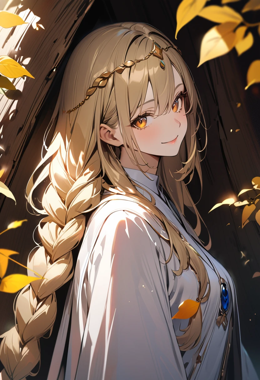1boy, long overflowing blonde hair loosely braided, golden eyes, subtle holy glow, small golden circlet, looking at viewer, smiling, white robes, girly boy, gigantic tree with golden leaves background, textured skin, award winning, high details, incredible high-key lighting and shadows, masterpiece, UHD, UHD, UHD, UHD