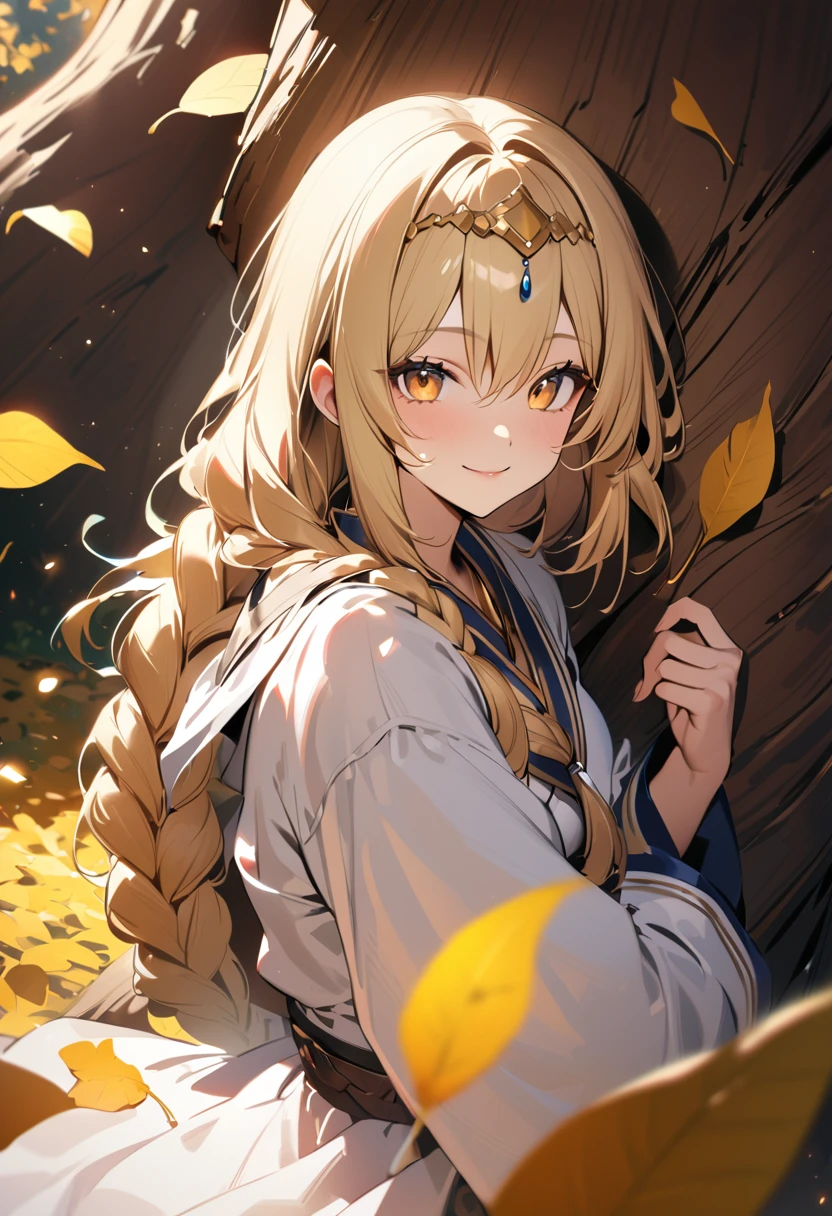 1boy, long overflowing blonde hair loosely braided, golden eyes, subtle holy glow, small golden circlet, looking at viewer, smiling, white robes, girly boy, gigantic tree with golden leaves background, textured skin, award winning, high details, incredible high-key lighting and shadows, masterpiece, UHD, UHD, UHD, UHD