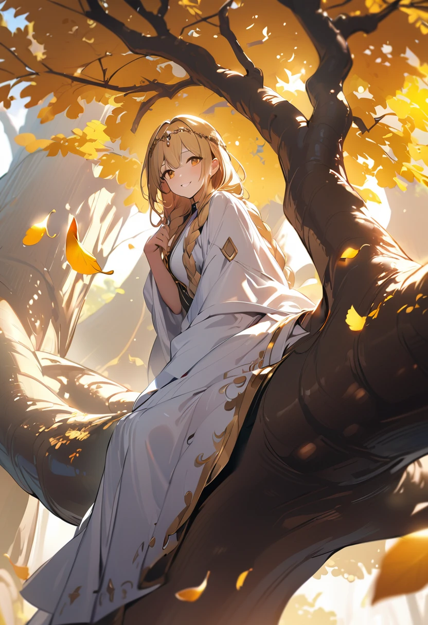 1boy, long overflowing blonde hair loosely braided, golden eyes, subtle holy glow, small golden circlet, looking at viewer, smiling, white robes, girly boy, gigantic tree with golden leaves background, textured skin, award winning, high details, incredible high-key lighting and shadows, masterpiece, UHD, UHD, UHD, UHD